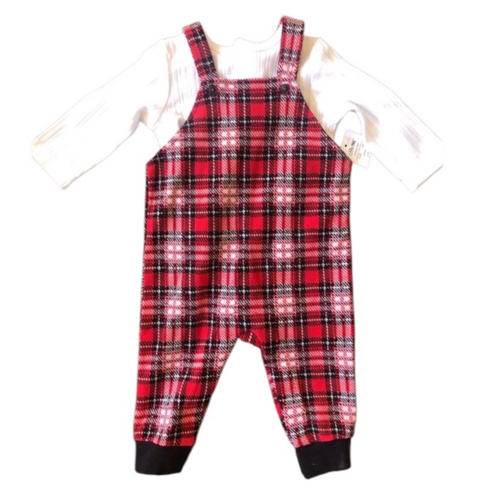 NWT Little Me Red Plaid Overalls Romper 2 pc set w/ ribbed crew neck top Sz 6 mo